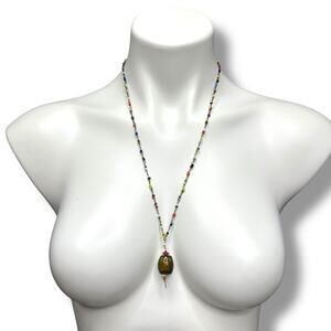 Vtg Necklace Hand Made Wire Wrapped Glass Seed Bead Boho Multicolor Hipster